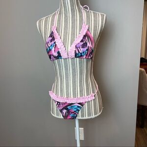 Mapale Pink Palm Bikini w/ Thong Back & Ruffle Trim Swimsuit Medium